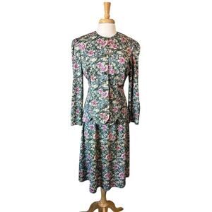 CB New York Womens 10 Vintage Two Piece Cottage Floral Jacket Top/Skirt Suit Set